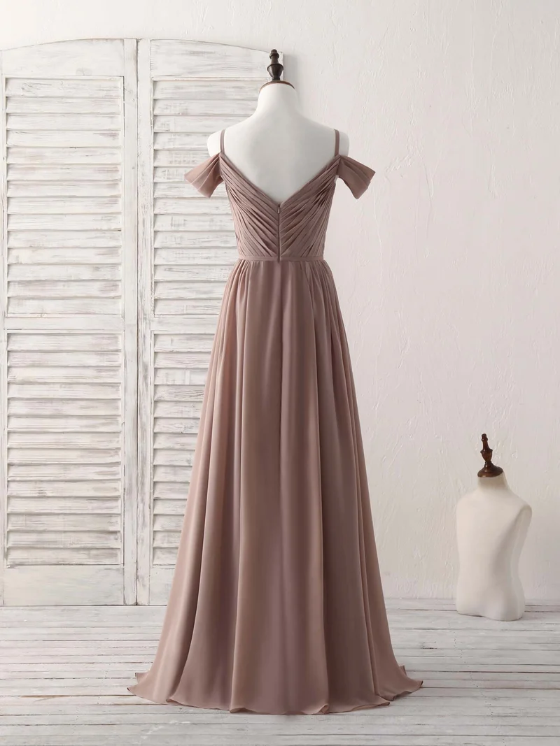 Robe de demoiselle d'honneur élégante en mousseline de soie champagne foncé à col en V