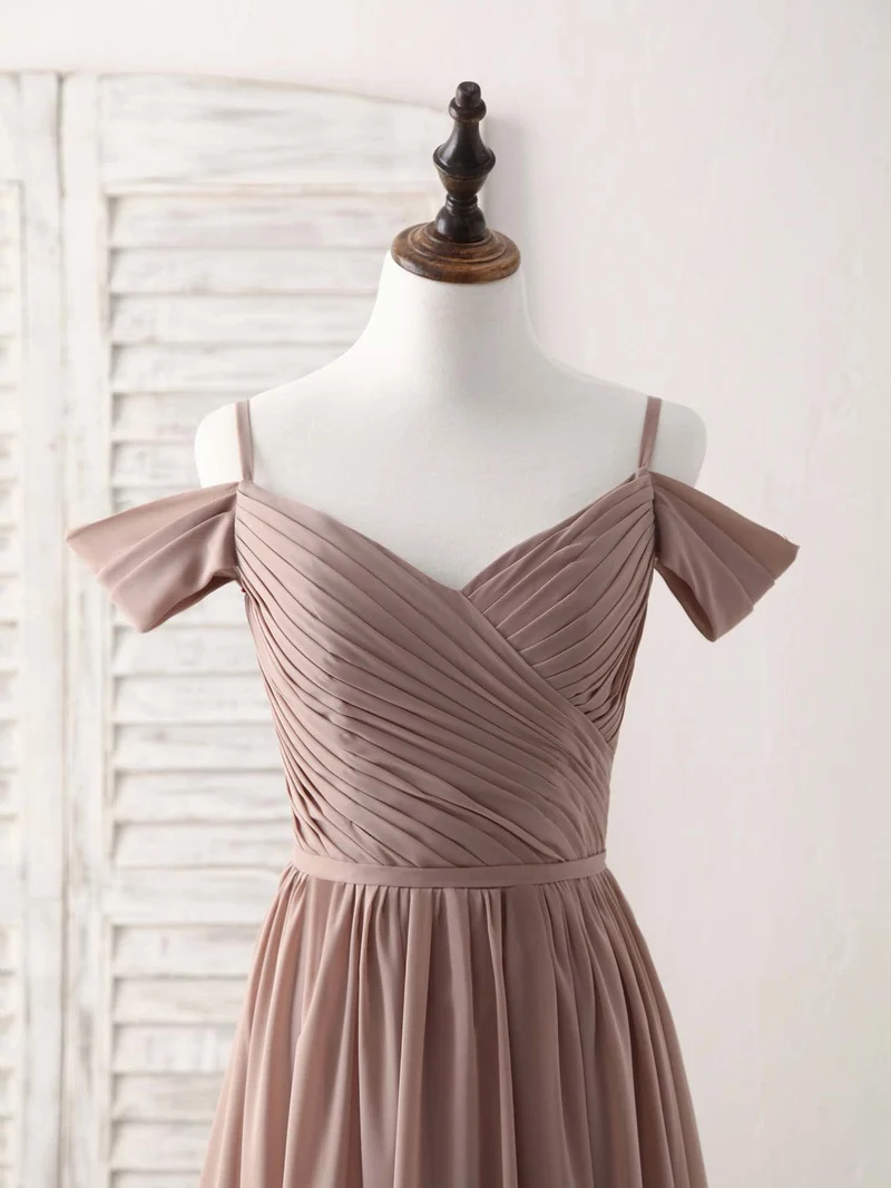 Robe de demoiselle d'honneur élégante en mousseline de soie champagne foncé à col en V