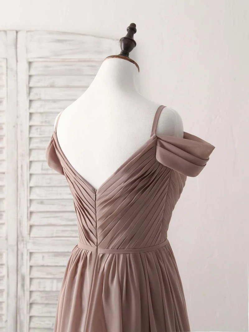 Robe de demoiselle d'honneur élégante en mousseline de soie champagne foncé à col en V
