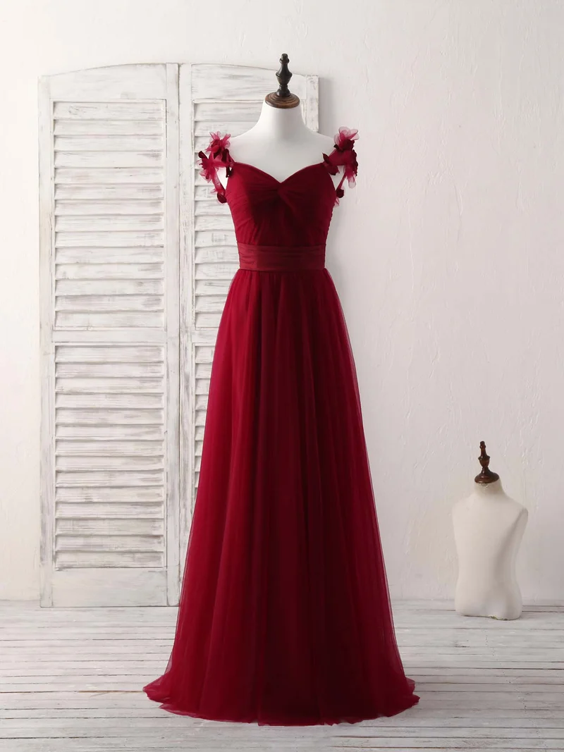 Robe de bal longue en tulle bordeaux, élégante et simple, idéale pour les demoiselles d'honneur