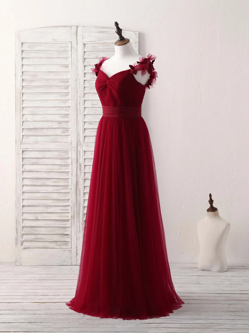 Robe de bal longue en tulle bordeaux, élégante et simple, idéale pour les demoiselles d'honneur