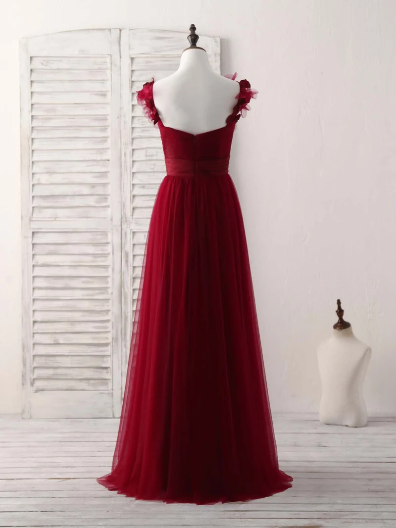 Robe de bal longue en tulle bordeaux, élégante et simple, idéale pour les demoiselles d'honneur
