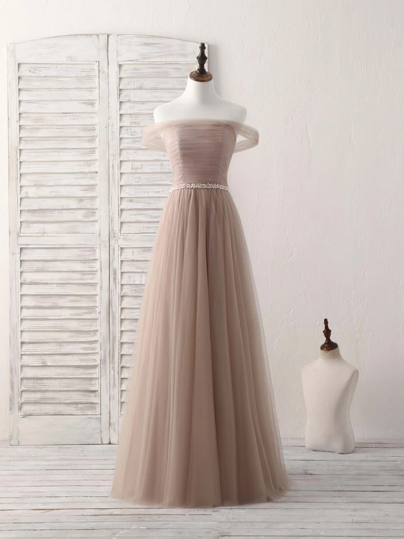 Robe élégante en tulle champagne à épaules dénudées pour bal de promo et soirée