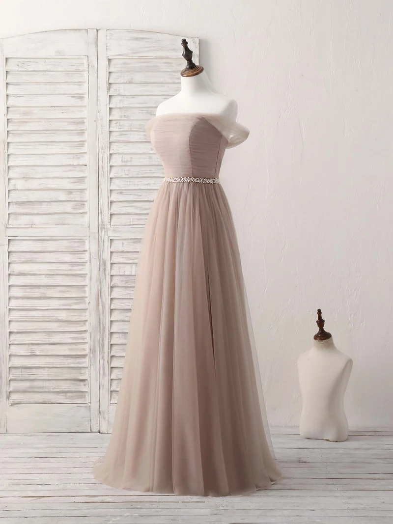 Robe élégante en tulle champagne à épaules dénudées pour bal de promo et soirée