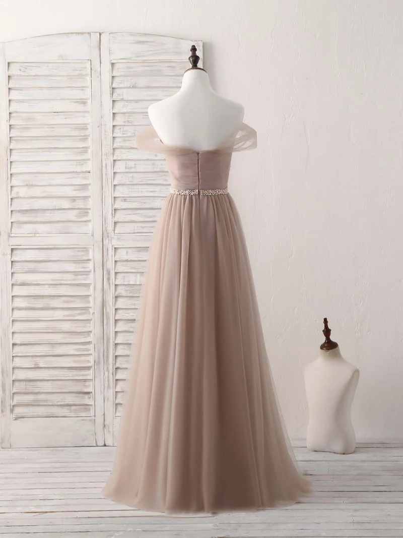 Robe élégante en tulle champagne à épaules dénudées pour bal de promo et soirée