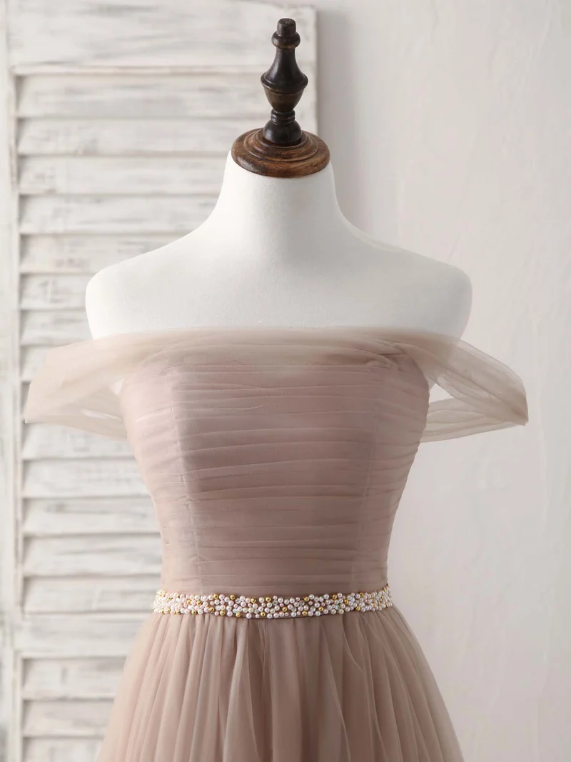 Robe élégante en tulle champagne à épaules dénudées pour bal de promo et soirée
