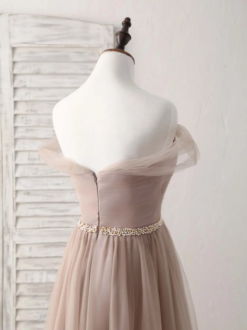 Robe élégante en tulle champagne à épaules dénudées pour bal de promo et soirée