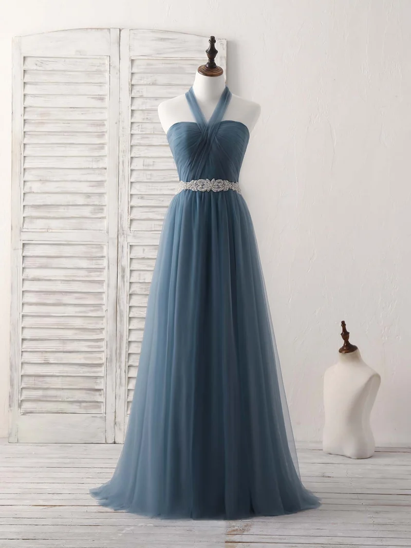 Robe de demoiselle d'honneur longue et élégante en tulle gris-bleu, coupe trapèze, pour mariage et bal de fin d'année
