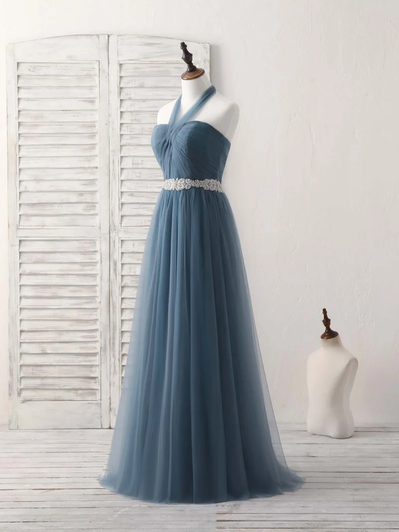 Robe de demoiselle d'honneur longue et élégante en tulle gris-bleu, coupe trapèze, pour mariage et bal de fin d'année