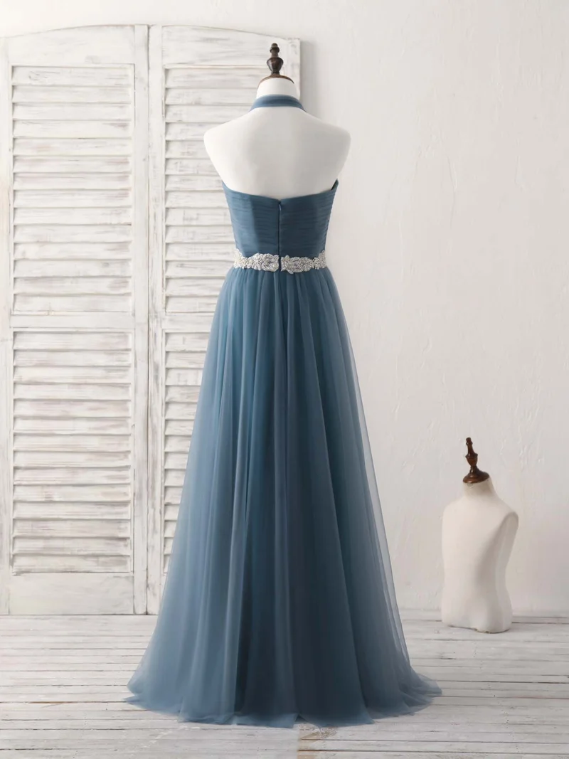 Robe de demoiselle d'honneur longue et élégante en tulle gris-bleu, coupe trapèze, pour mariage et bal de fin d'année