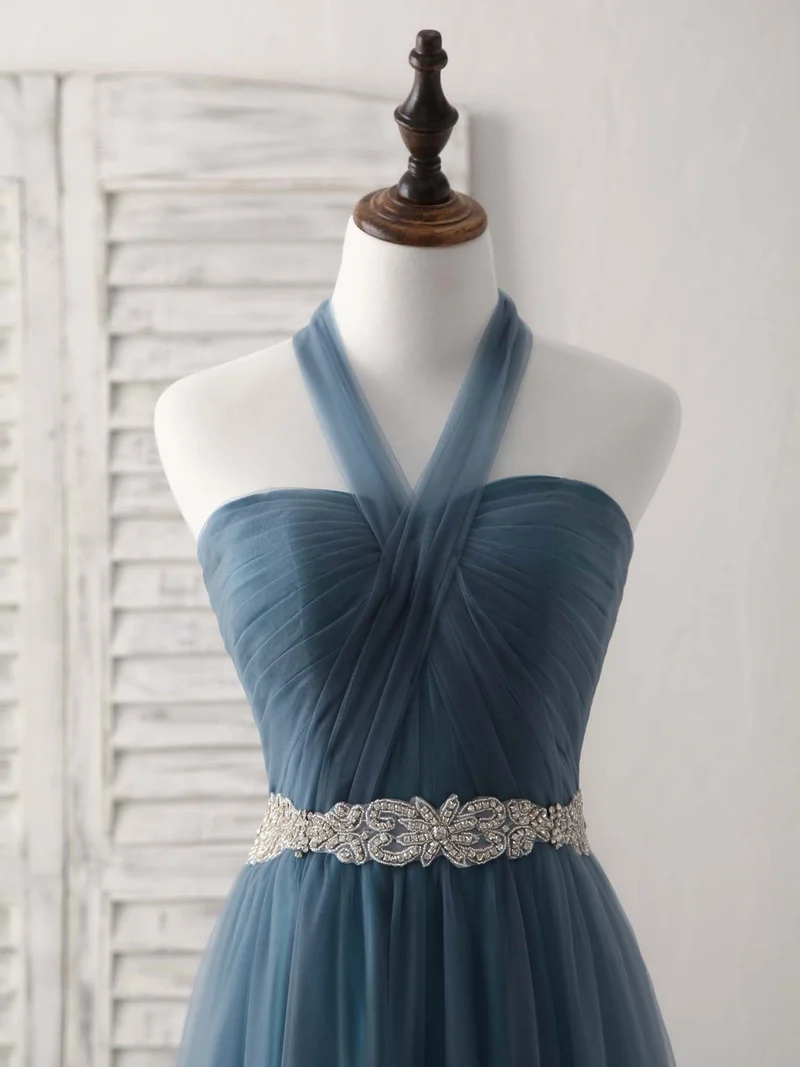 Robe de demoiselle d'honneur longue et élégante en tulle gris-bleu, coupe trapèze, pour mariage et bal de fin d'année