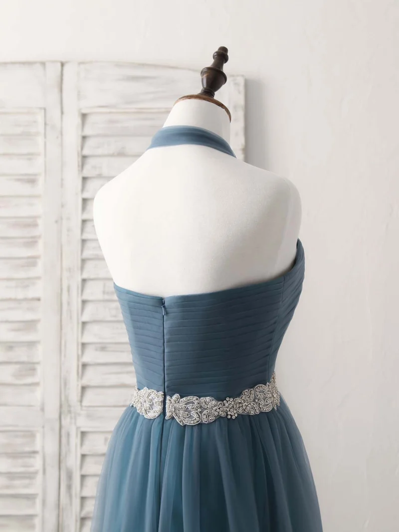 Robe de demoiselle d'honneur longue et élégante en tulle gris-bleu, coupe trapèze, pour mariage et bal de fin d'année