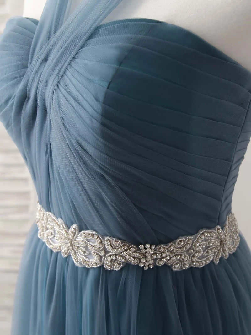 Robe de demoiselle d'honneur longue et élégante en tulle gris-bleu, coupe trapèze, pour mariage et bal de fin d'année