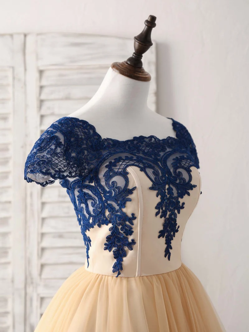 Robe de bal courte élégante en tulle et dentelle champagne avec appliques
