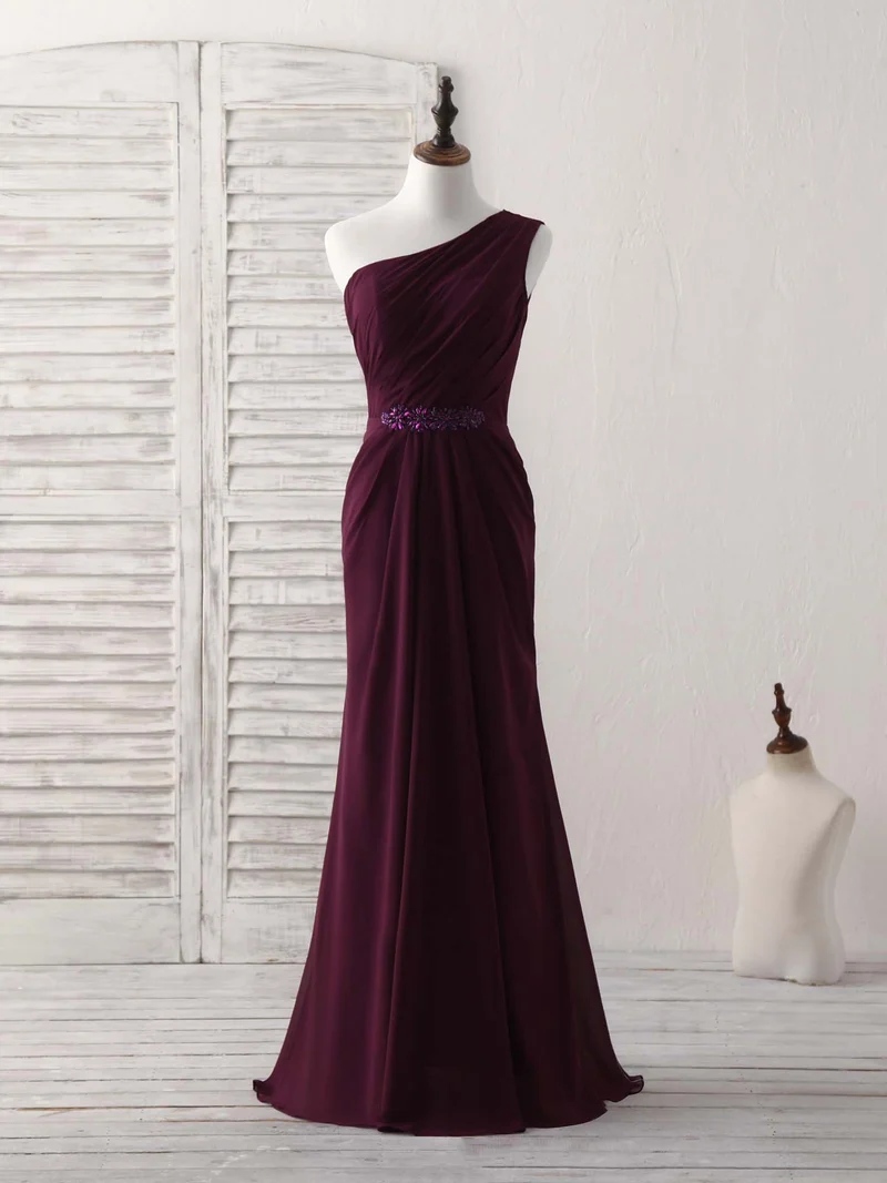 Robe de bal sirène longue en mousseline bordeaux élégante à une épaule