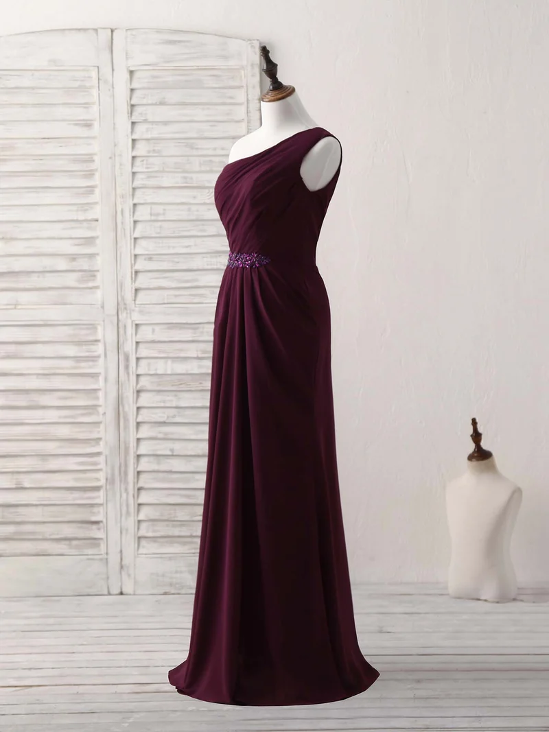 Robe de bal sirène longue en mousseline bordeaux élégante à une épaule