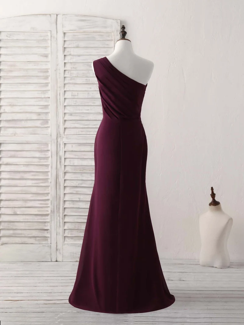 Robe de bal sirène longue en mousseline bordeaux élégante à une épaule