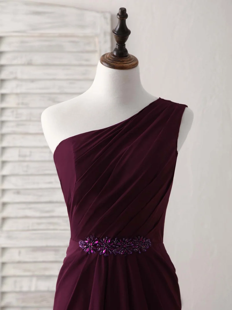 Robe de bal sirène longue en mousseline bordeaux élégante à une épaule