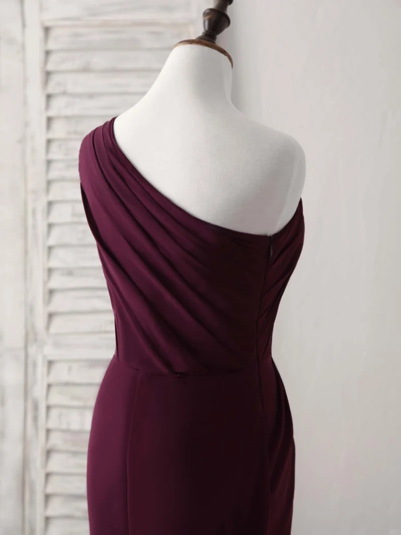 Robe de bal sirène longue en mousseline bordeaux élégante à une épaule