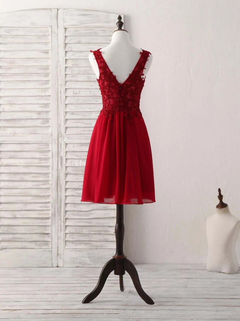 Robe de bal courte élégante en mousseline de soie et dentelle bordeaux – Robe de soirée idéale
