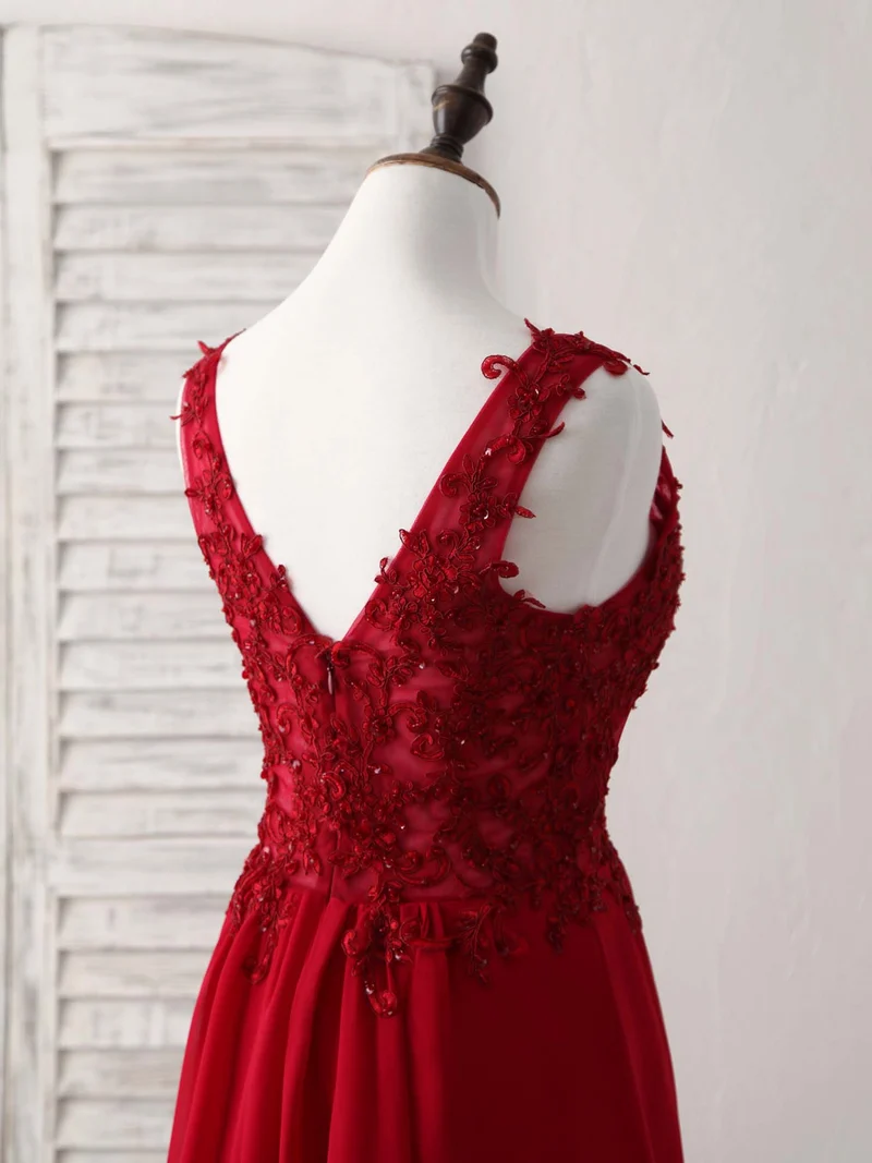 Robe de bal courte élégante en mousseline de soie et dentelle bordeaux – Robe de soirée idéale