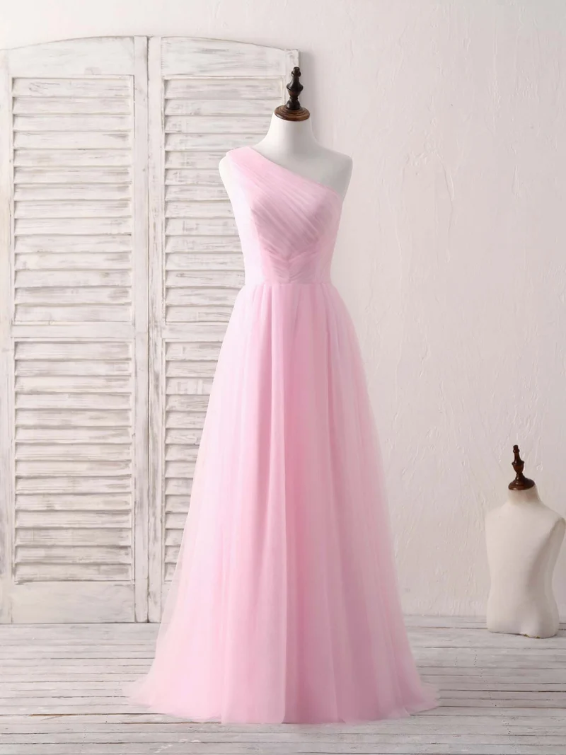 Robe de bal longue et élégante en tulle rose à une épaule – Robe de demoiselle d'honneur idéale