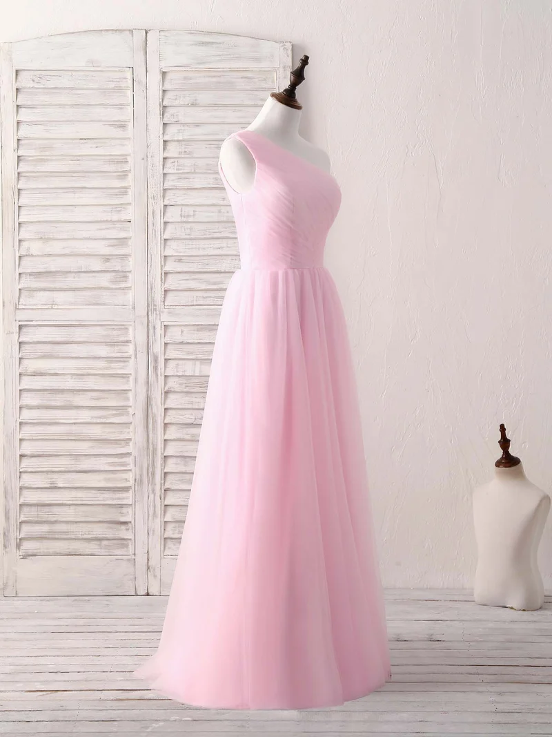 Robe de bal longue et élégante en tulle rose à une épaule – Robe de demoiselle d'honneur idéale