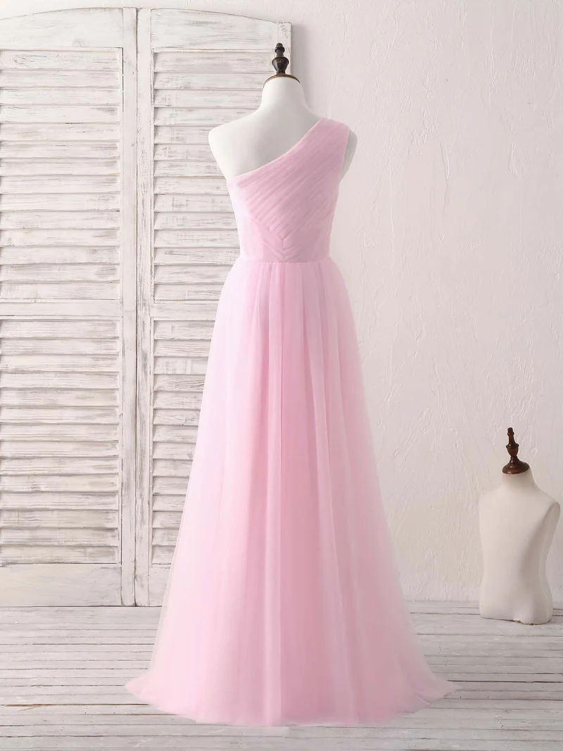 Robe de bal longue et élégante en tulle rose à une épaule – Robe de demoiselle d'honneur idéale