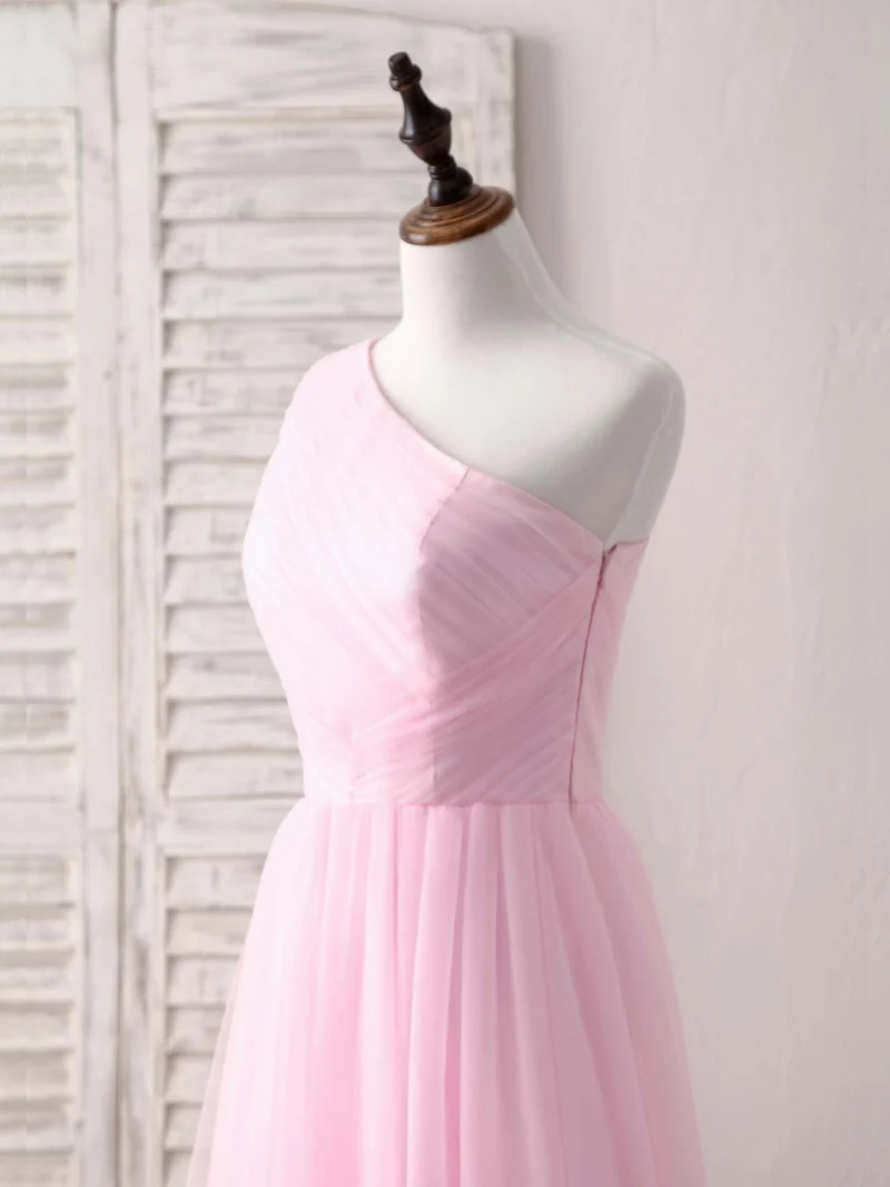 Robe de bal longue et élégante en tulle rose à une épaule – Robe de demoiselle d'honneur idéale