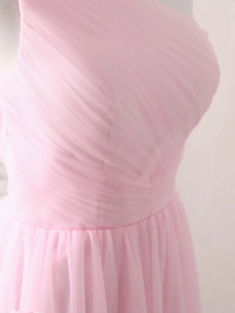 Robe de bal longue et élégante en tulle rose à une épaule – Robe de demoiselle d'honneur idéale