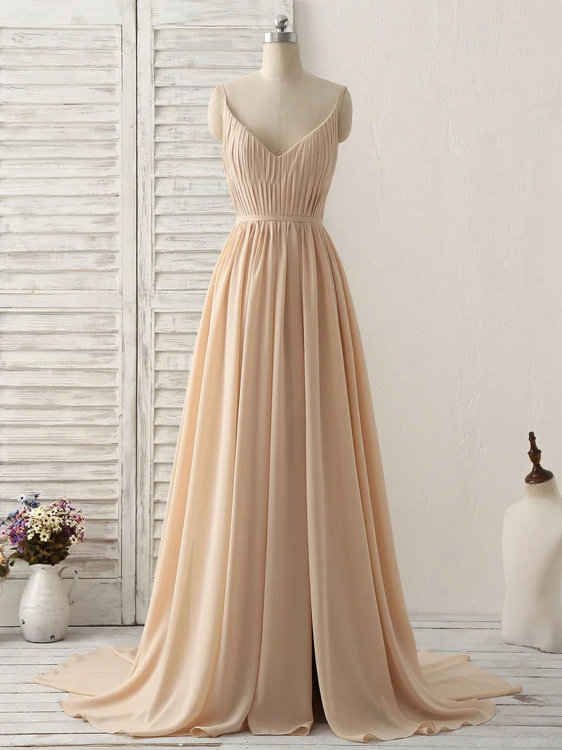 Robe de demoiselle d'honneur simple en mousseline de soie à col en V champagne : robe de bal longue et élégante