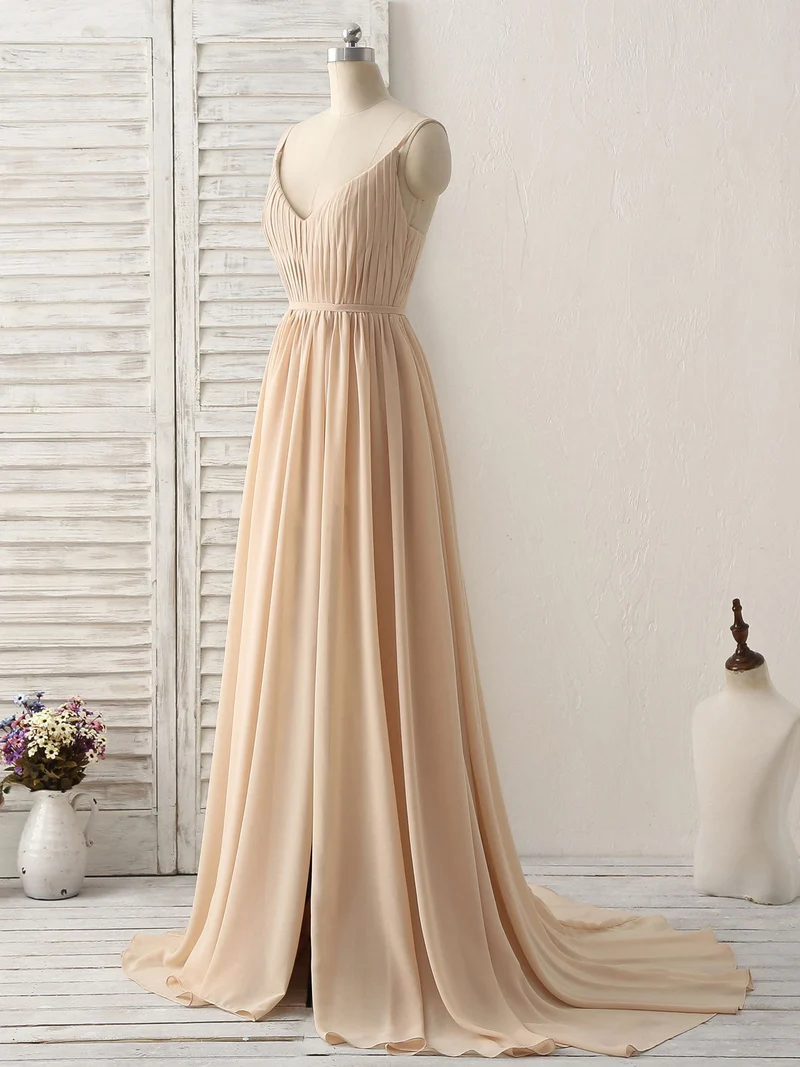 Robe de demoiselle d'honneur simple en mousseline de soie à col en V champagne : robe de bal longue et élégante