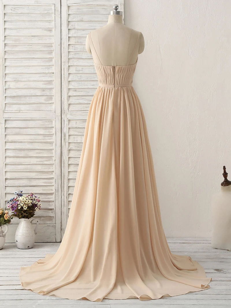 Robe de demoiselle d'honneur simple en mousseline de soie à col en V champagne : robe de bal longue et élégante