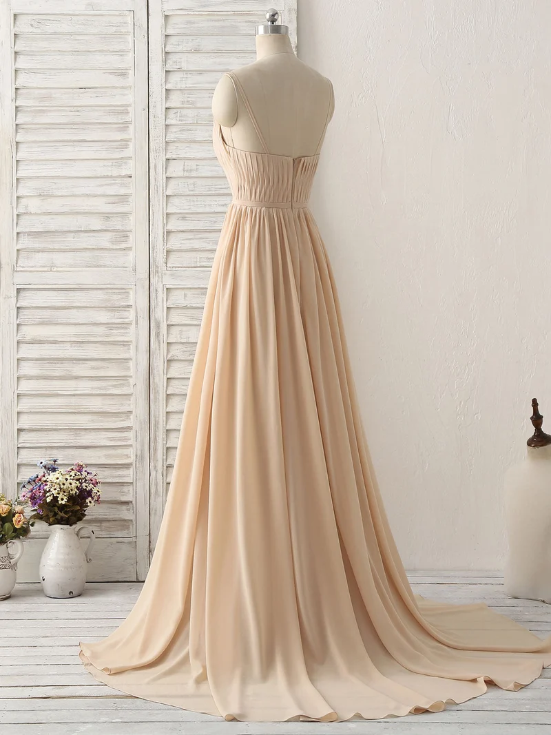 Robe de demoiselle d'honneur simple en mousseline de soie à col en V champagne : robe de bal longue et élégante