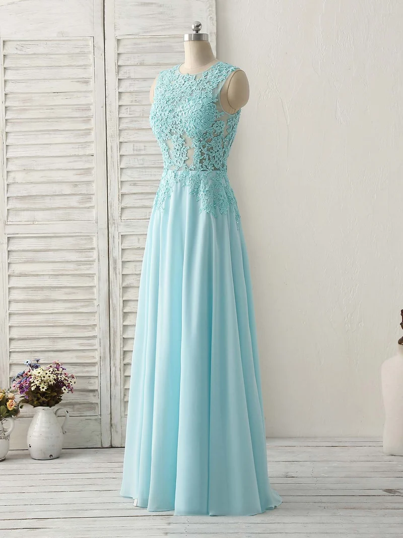 Robe de bal longue en mousseline de soie et dentelle bleue élégante à col rond pour demoiselles d'honneur