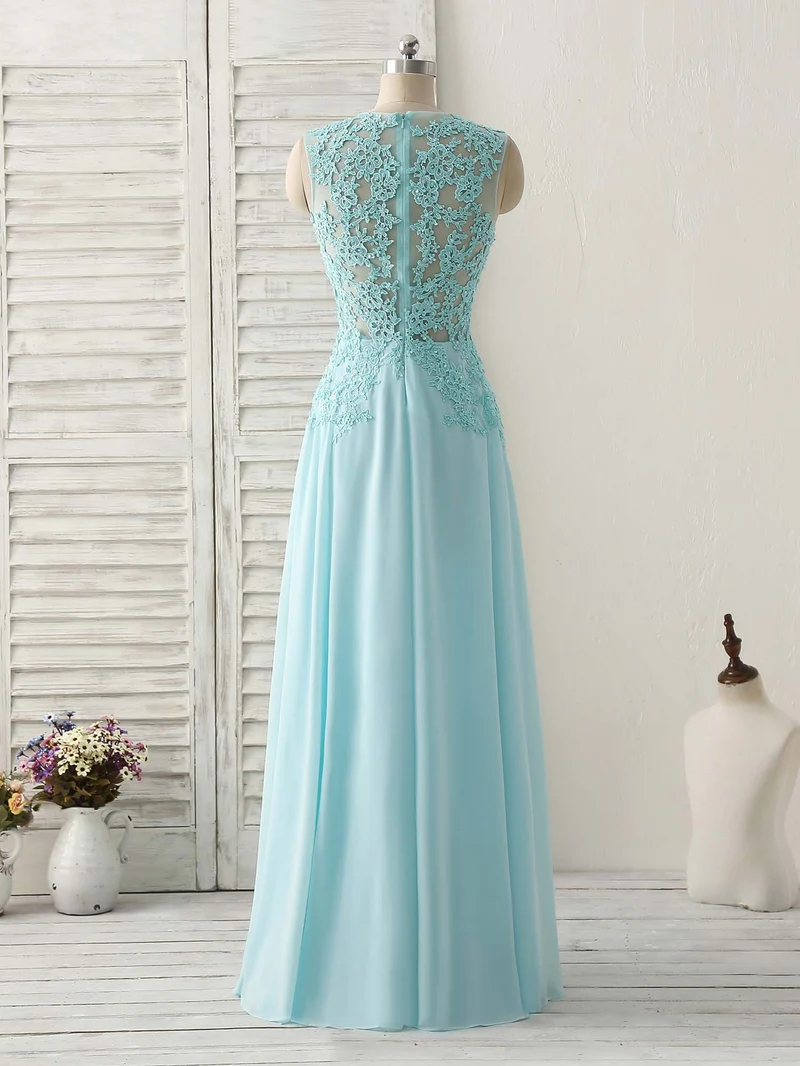 Robe de bal longue en mousseline de soie et dentelle bleue élégante à col rond pour demoiselles d'honneur