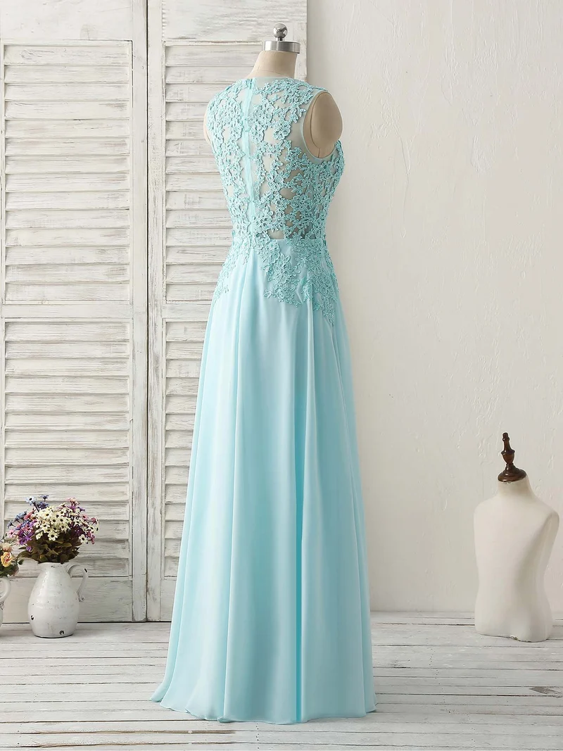 Robe de bal longue en mousseline de soie et dentelle bleue élégante à col rond pour demoiselles d'honneur