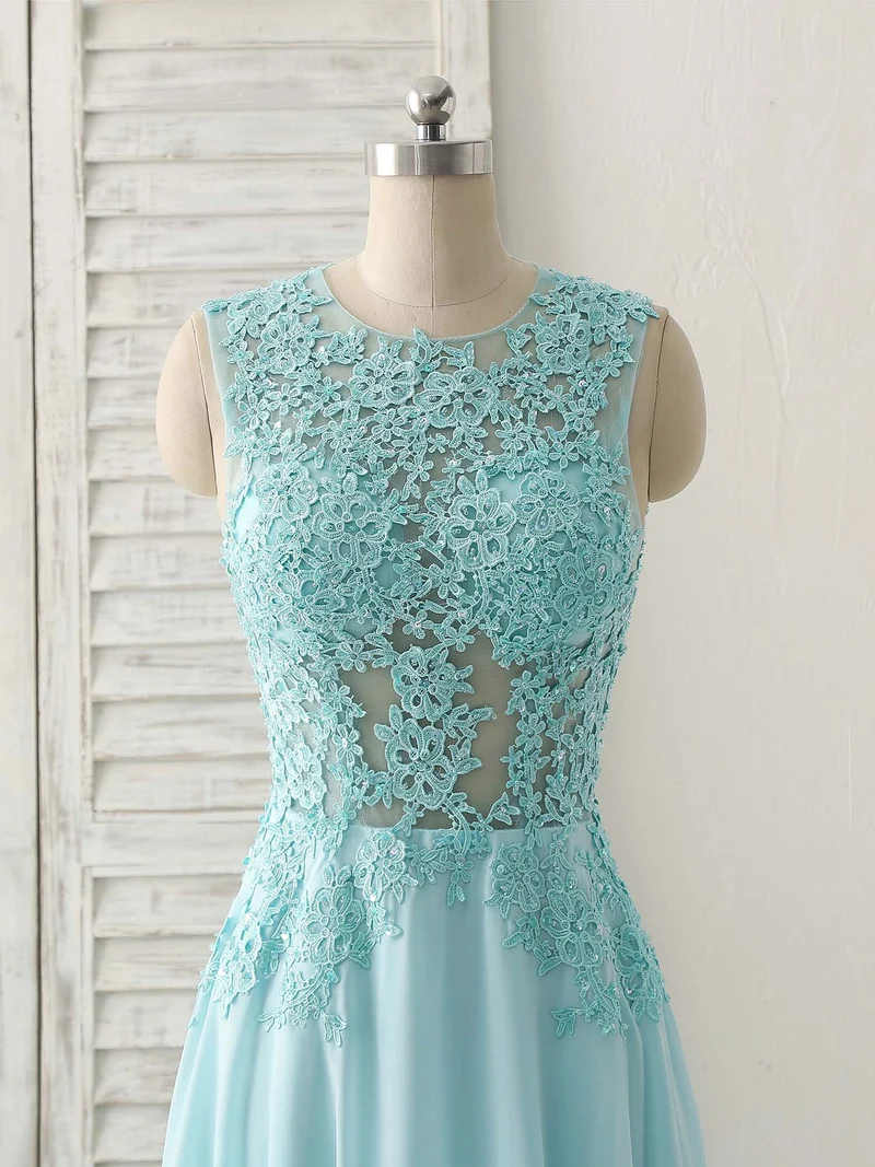 Robe de bal longue en mousseline de soie et dentelle bleue élégante à col rond pour demoiselles d'honneur