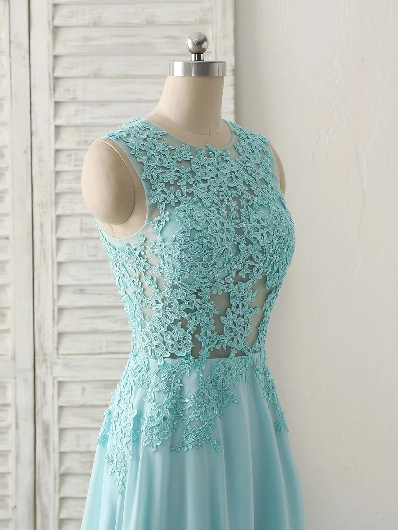 Robe de bal longue en mousseline de soie et dentelle bleue élégante à col rond pour demoiselles d'honneur