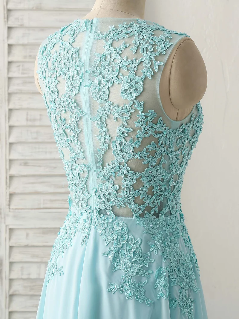 Robe de bal longue en mousseline de soie et dentelle bleue élégante à col rond pour demoiselles d'honneur