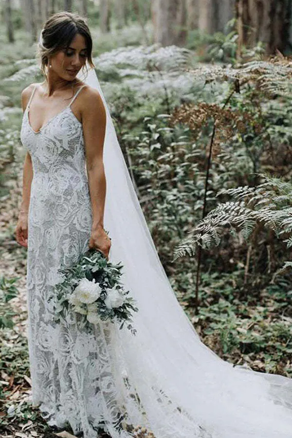 Charmante robe de mariée trapèze dos nu à bretelles spaghetti avec dentelle, élégante robe de mariée