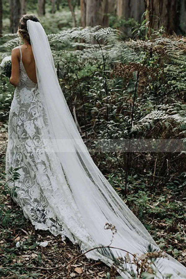 Charmante robe de mariée trapèze dos nu à bretelles spaghetti avec dentelle, élégante robe de mariée