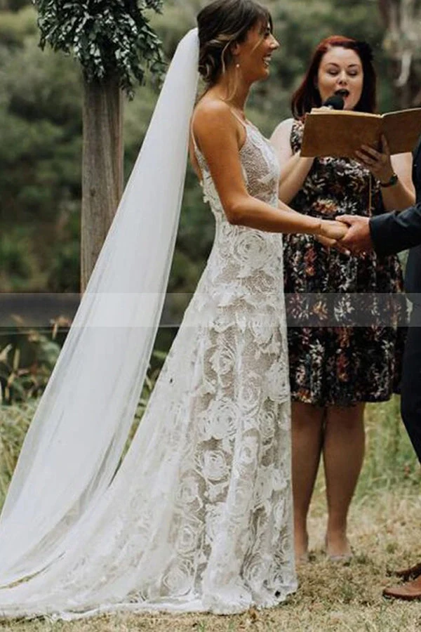 Charmante robe de mariée trapèze dos nu à bretelles spaghetti avec dentelle, élégante robe de mariée