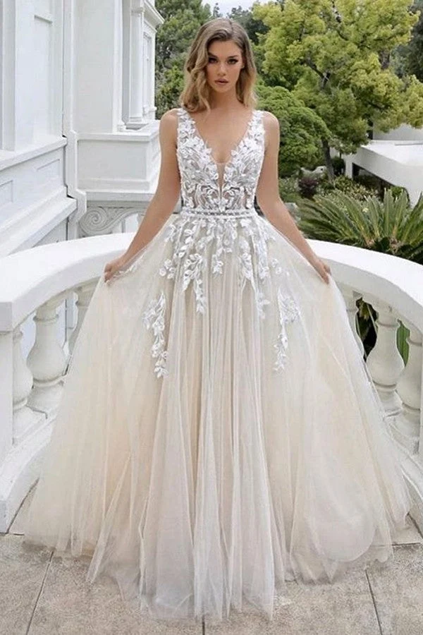 Robe de mariée luxueuse longue, coupe trapèze, col en V, sans manches, dos nu, avec dentelle et tulle