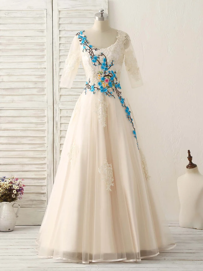 Robe de bal longue élégante en tulle et dentelle avec appliques, couleur champagne clair, pour demoiselle d'honneur