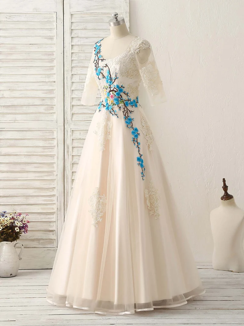Robe de bal longue élégante en tulle et dentelle avec appliques, couleur champagne clair, pour demoiselle d'honneur