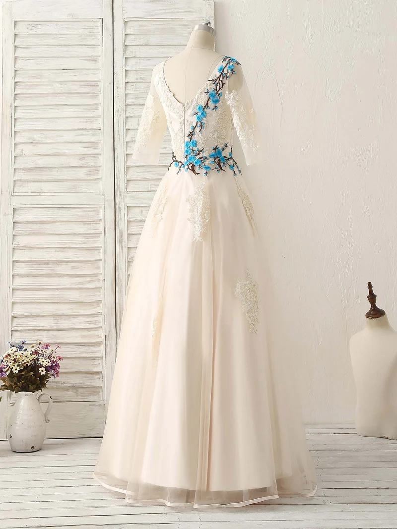 Robe de bal longue élégante en tulle et dentelle avec appliques, couleur champagne clair, pour demoiselle d'honneur