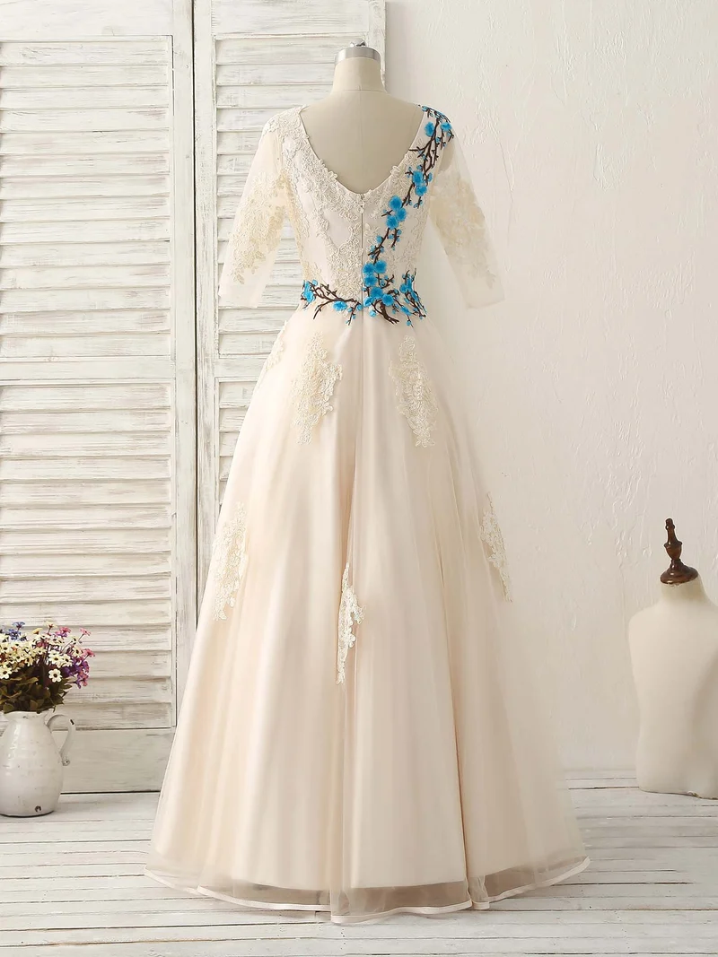Robe de bal longue élégante en tulle et dentelle avec appliques, couleur champagne clair, pour demoiselle d'honneur