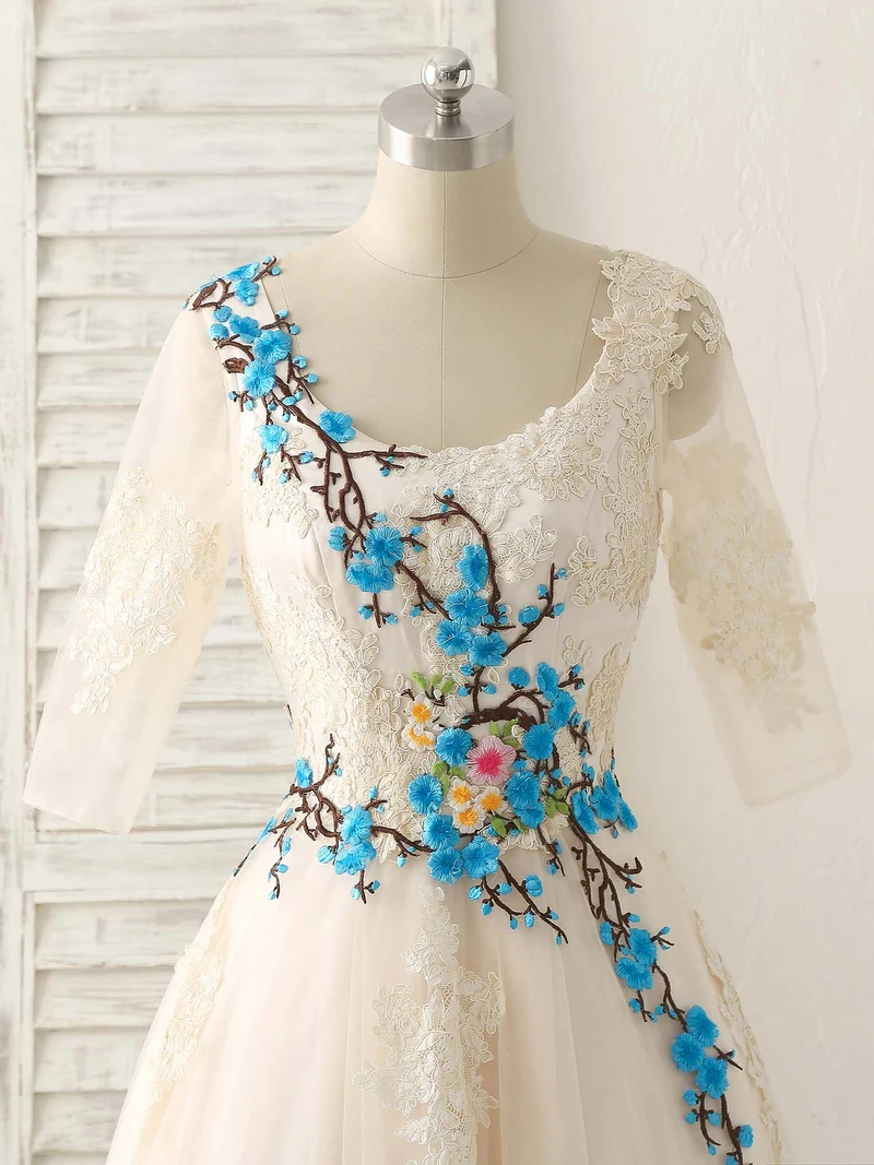 Robe de bal longue élégante en tulle et dentelle avec appliques, couleur champagne clair, pour demoiselle d'honneur