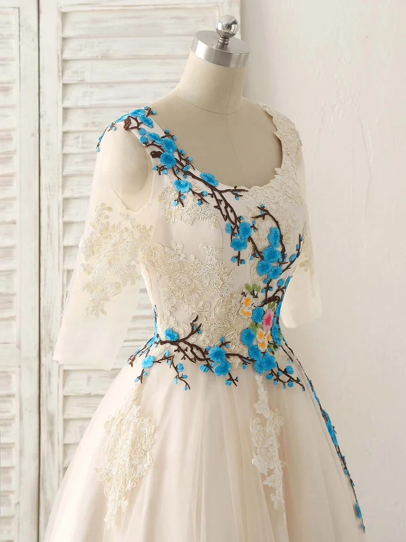 Robe de bal longue élégante en tulle et dentelle avec appliques, couleur champagne clair, pour demoiselle d'honneur